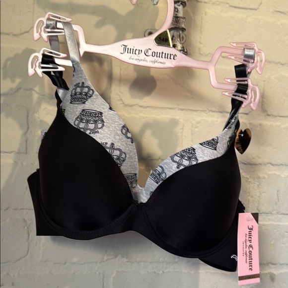 Juicy Couture bras Black Gray crown 34B bling lightly padded underwire 2 pack - Picture 2 of 6